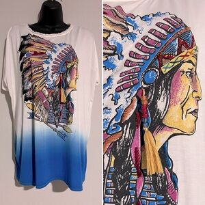 Double D Ranch Blue Dip Dye Tee with Chief Headdress Graphic S
